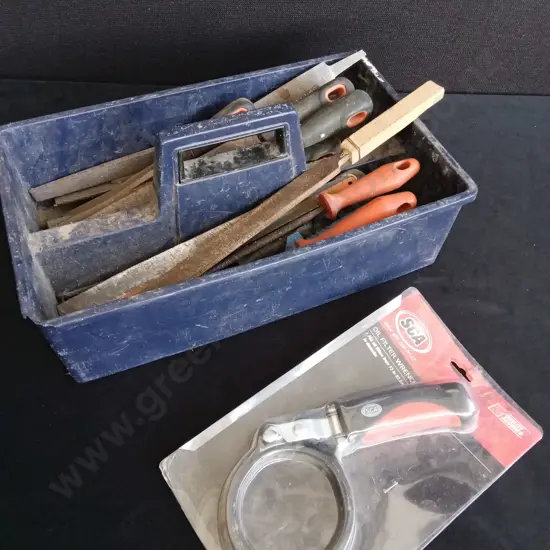 PLASTIC TOOLBOX OF FILES AND BRAND NEW OIL FILTER WRENCH
