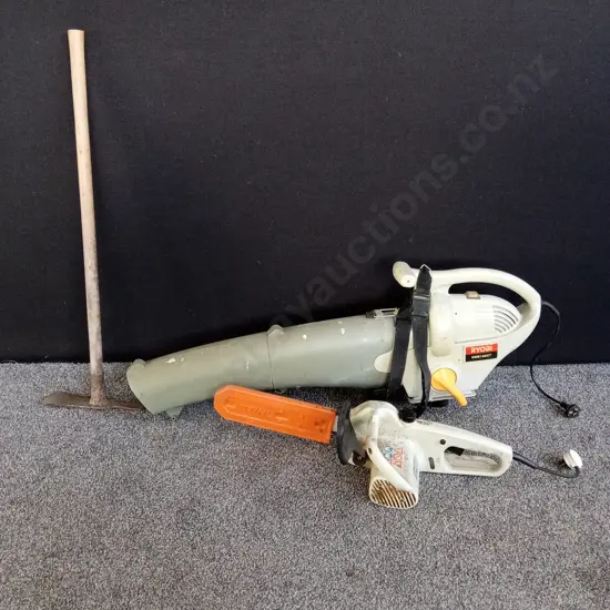 STIHL CHAINSAW RYOBI EMB1800T GARDEN BLOWER VAC AND A LONG HANDELED MATTOCK