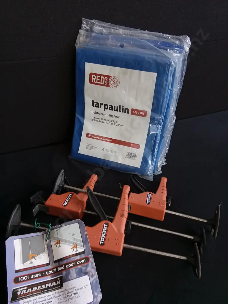 CLAMPS AND 6 BRAND NEW TARPAULINS Image 1++