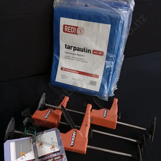 CLAMPS AND 6 BRAND NEW TARPAULINS