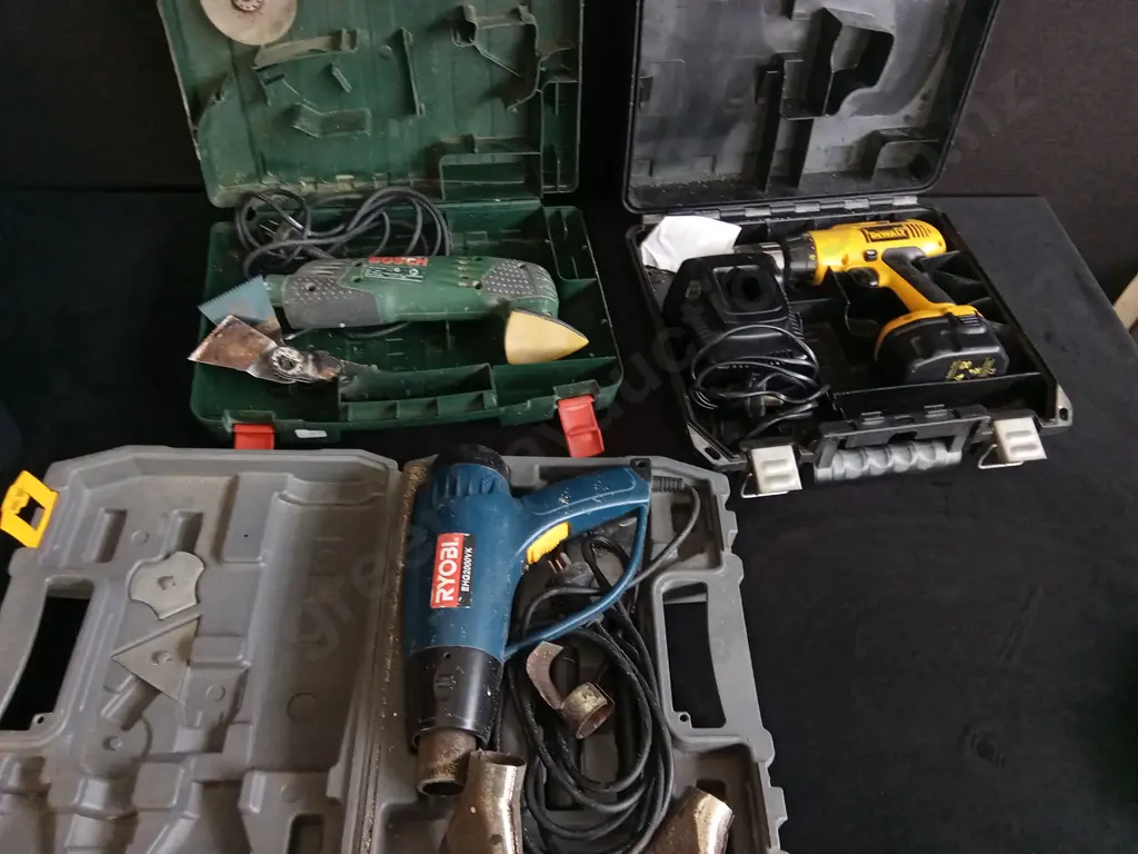 MIX OF TOOLS IN CASES, SANDER, HEAT GUN, DRILL Image 1++