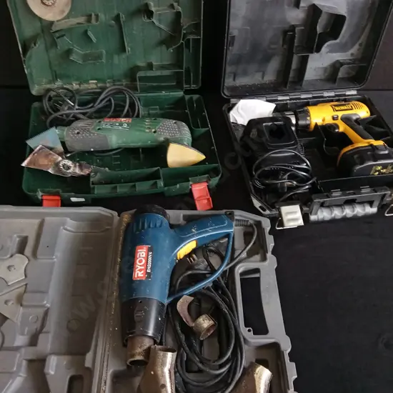 MIX OF TOOLS IN CASES, SANDER, HEAT GUN, DRILL