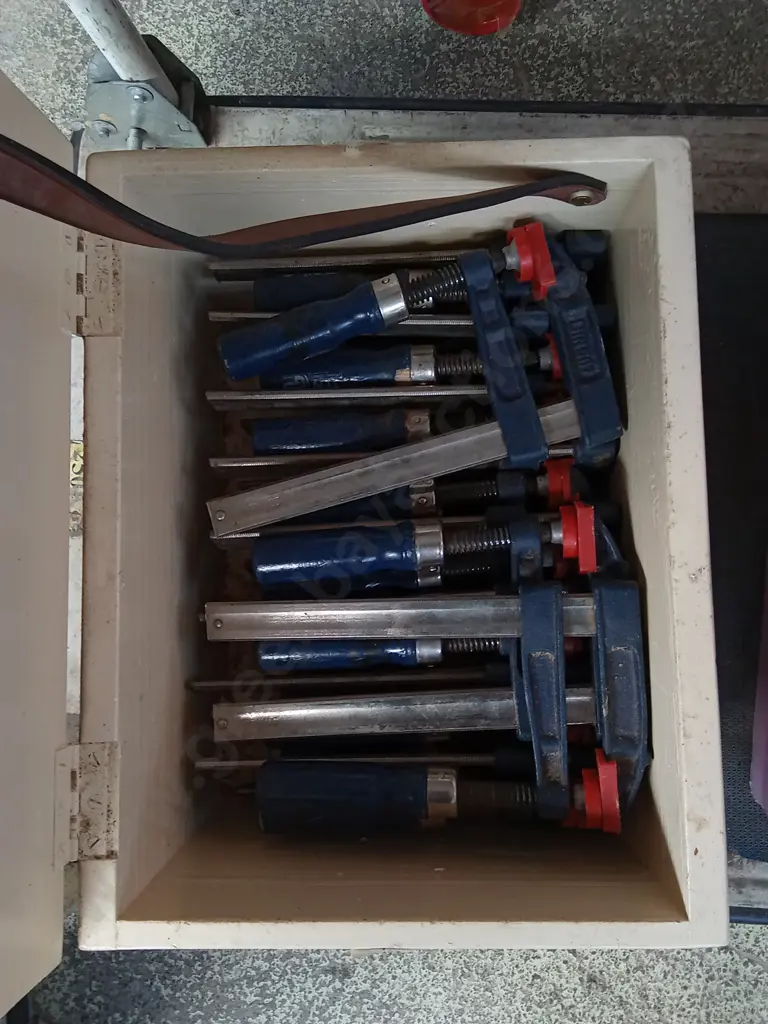 WOODEN CRATE FULL OF F CLAMPS Image 1++