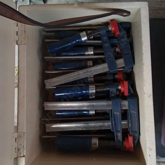 WOODEN CRATE FULL OF F CLAMPS