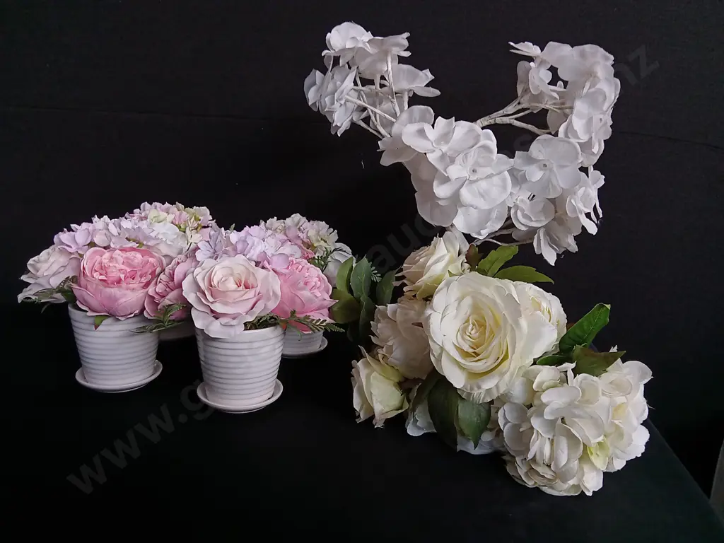 MIX OF FAUX FLOWERS, IN POTS AND BOUQUET Image 1++