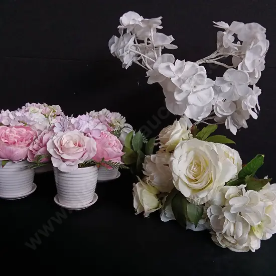 MIX OF FAUX FLOWERS, IN POTS AND BOUQUET