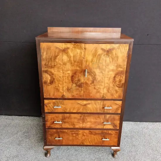 ART DECO CHEST OF DRAWERS WITH BEAUTIFUL BOOK MATCHED VENEER PANELS H1.25M D48CM L76CM