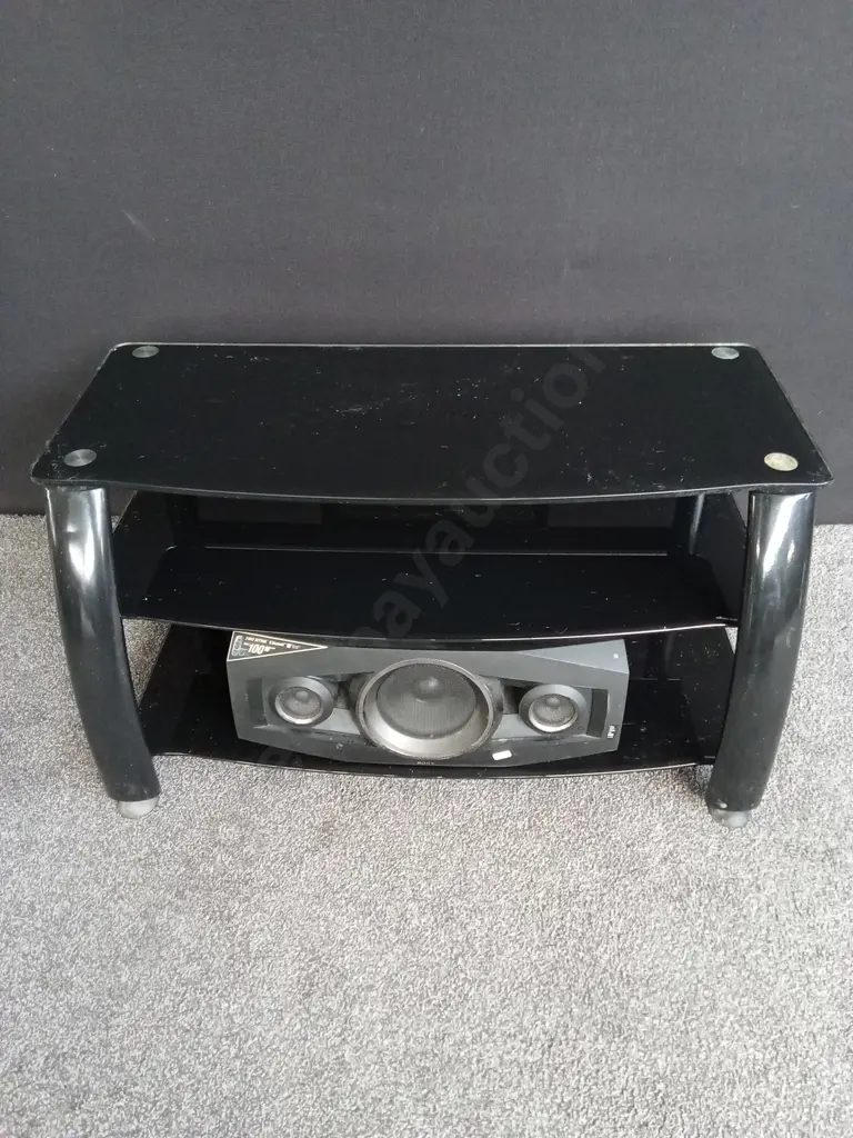 TV STAND WITH A SAMSUNG TV AND SONY SPEAKER BOTH TESTED AND WORKING Image 1++