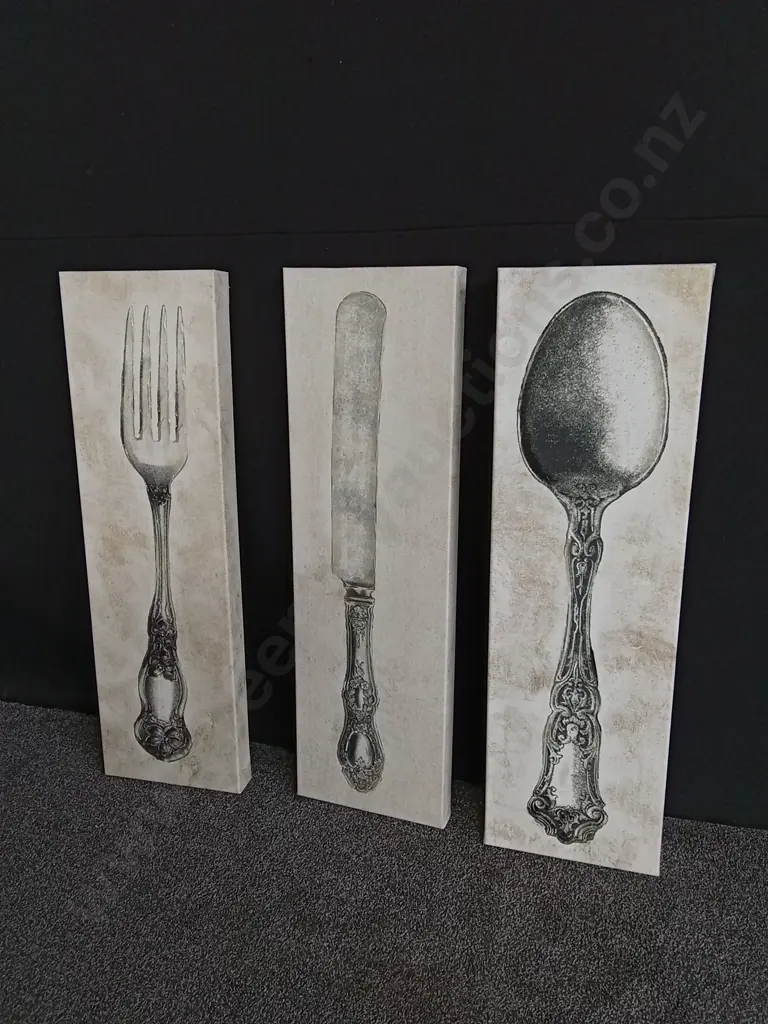 TRIO OF HAND PAINTED CUTLERY ARTWORK ON CANVAS Image 1++