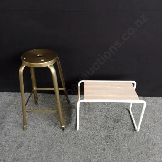 GOLD METAL STOOL AND WOODEN SIDE TABLE