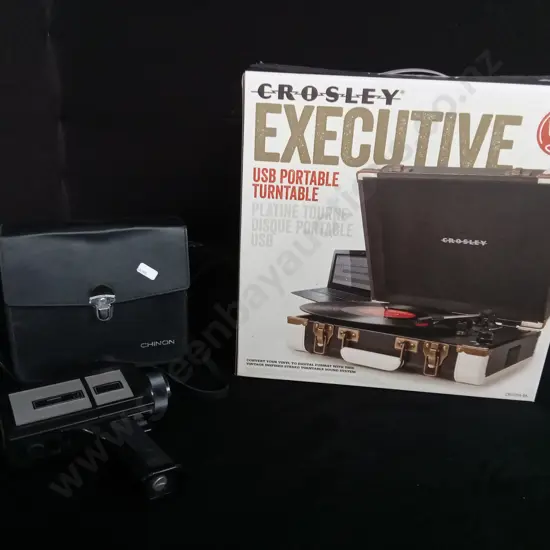CHINON SUPER 8 IN CASE AND CROSLEY EXECUTIVE PORTABLE TURNTABLE