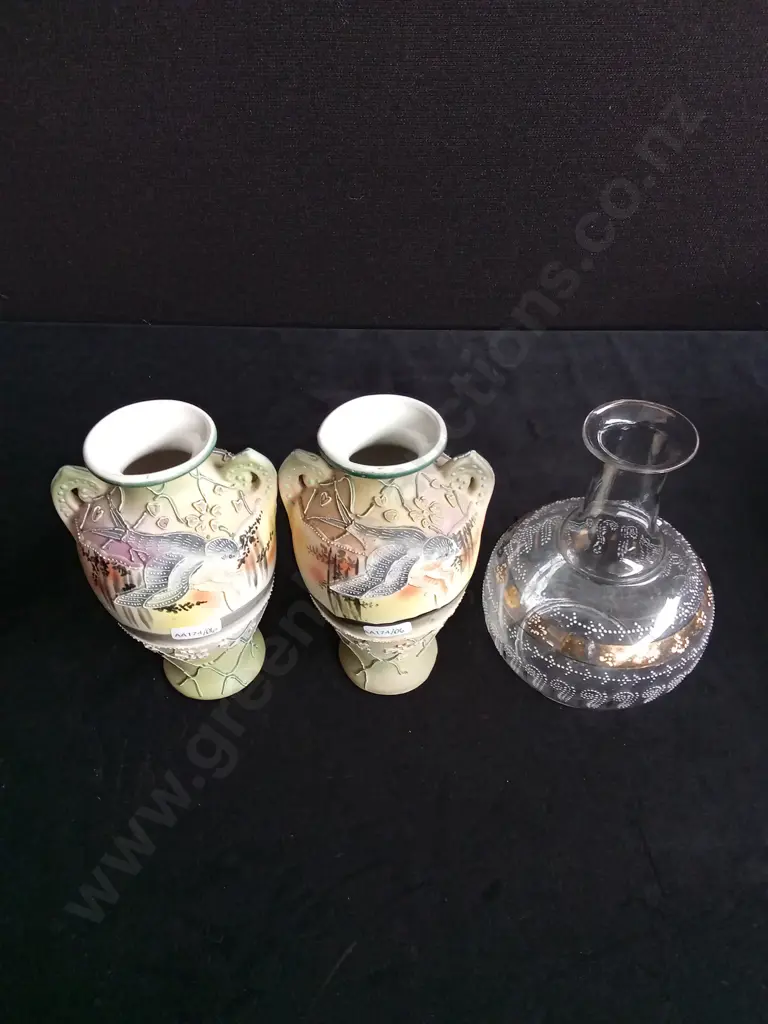 PAIR OF ANTIQUE JAPANESE NIPPON VASES AND ONE ANTIQUE HAND BLOWN GLASS VASE Image 1++