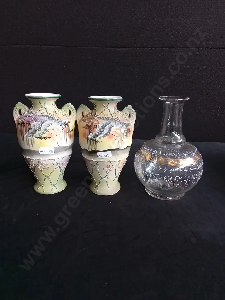 PAIR OF ANTIQUE JAPANESE NIPPON VASES AND ONE ANTIQUE HAND BLOWN GLASS VASE Image 1++