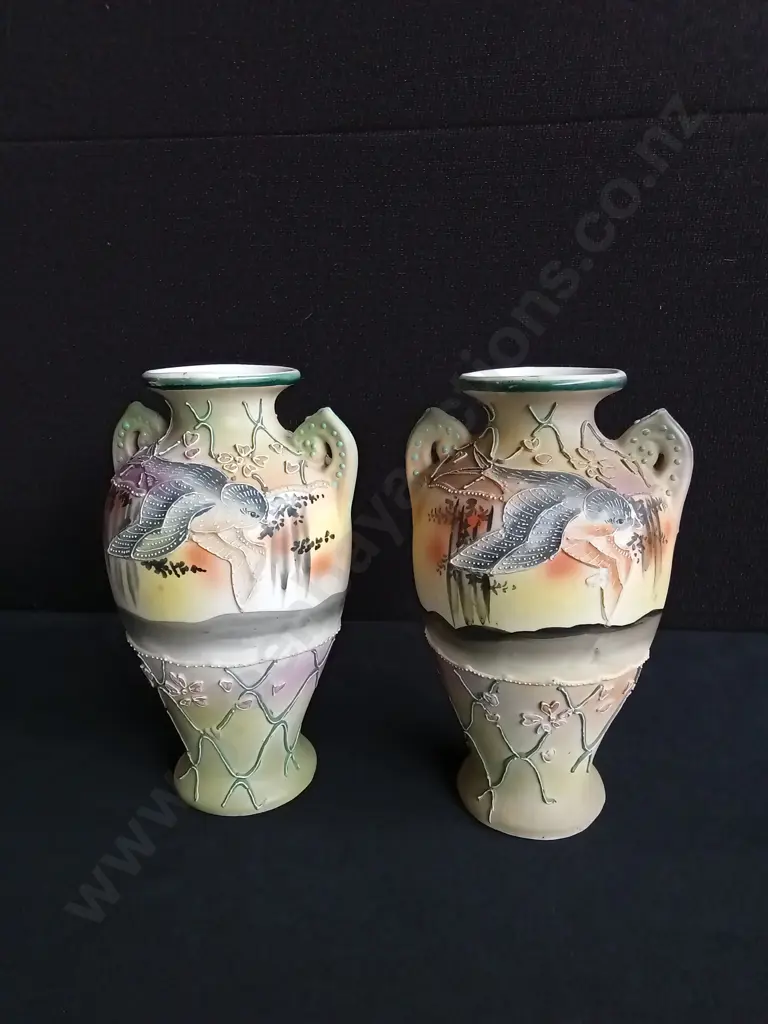 PAIR OF ANTIQUE JAPANESE NIPPON VASES AND ONE ANTIQUE HAND BLOWN GLASS VASE Image 1++