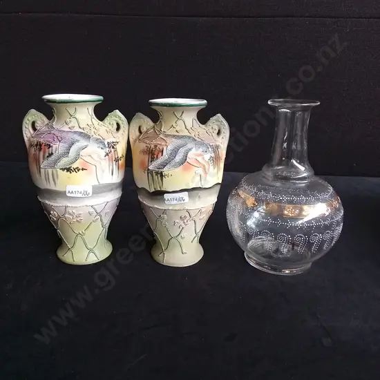 PAIR OF ANTIQUE JAPANESE NIPPON VASES AND ONE ANTIQUE HAND BLOWN GLASS VASE