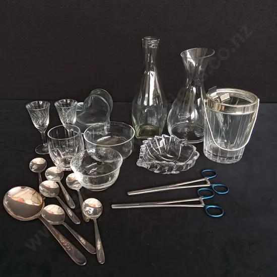 ASSORTED GLASS ITEMS MATADOR CUTLERY AND MEDICAL SCISSORS