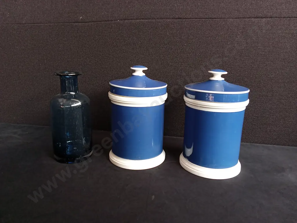 3 PIECES, COOKIE JAR PAIR AND BLUE BOTTLE Image 1++
