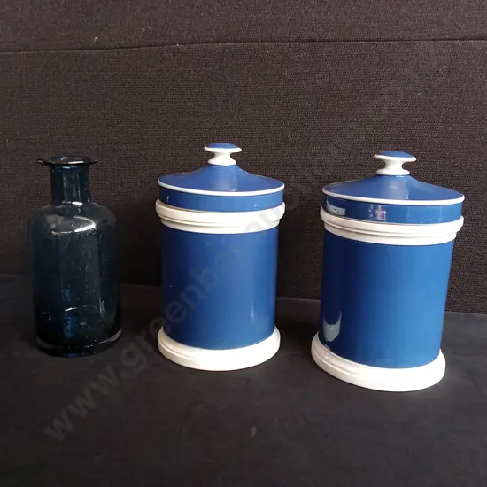 3 PIECES, COOKIE JAR PAIR AND BLUE BOTTLE