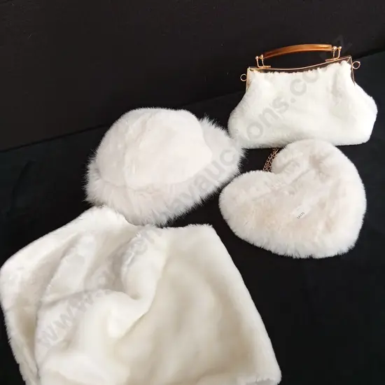 VINTAGE 4 PIECE WHITE FAUX FUR SET