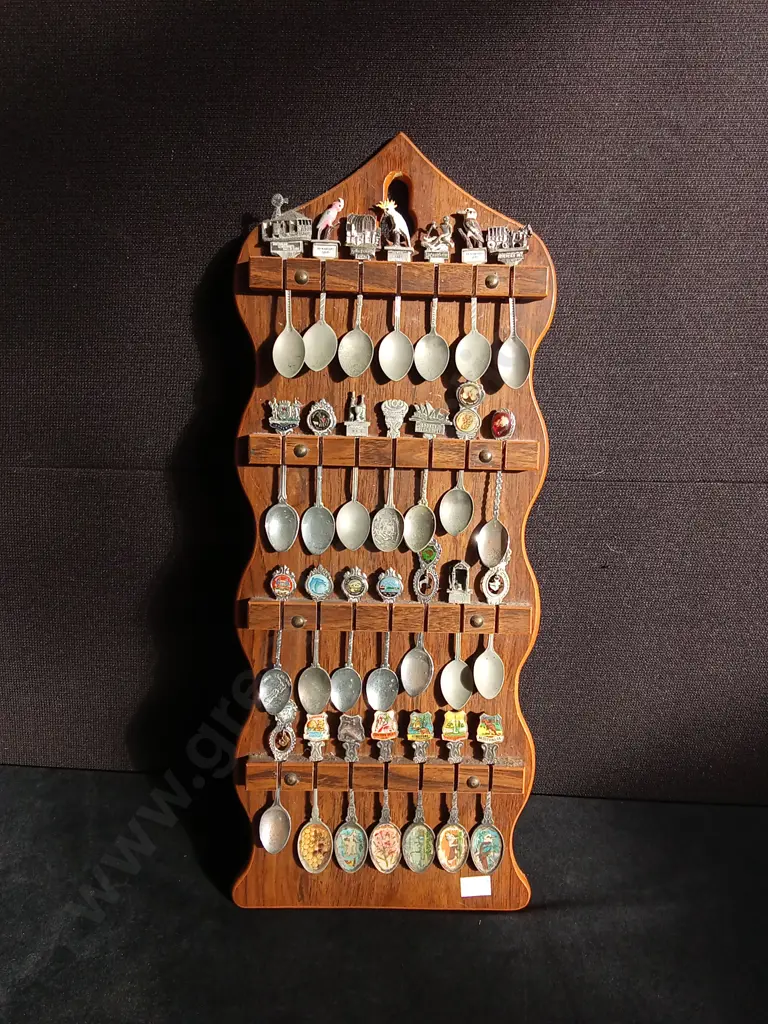 VINTAGE SOUVENIR SPOON COLLECTION WITH WOODEN DISPLAY Image 1++