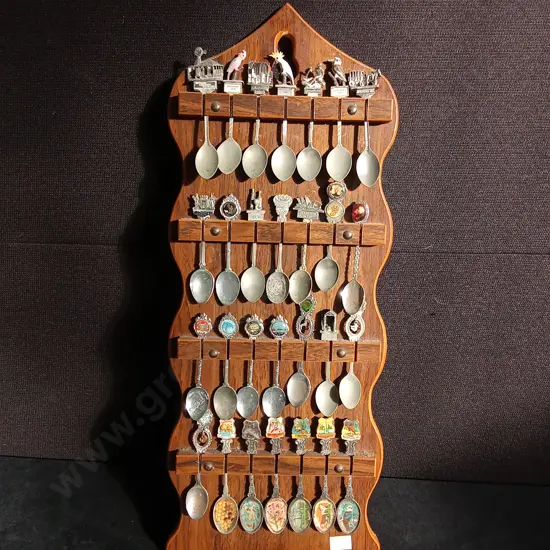VINTAGE SOUVENIR SPOON COLLECTION WITH WOODEN DISPLAY