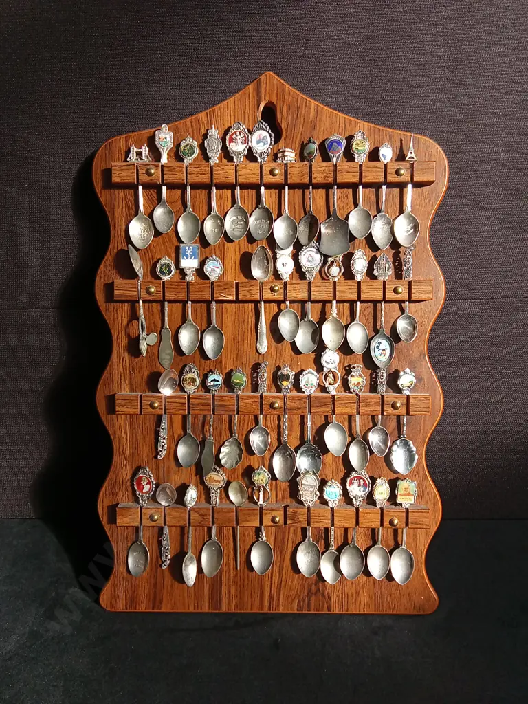 VINTAGE SOUVENIR SPOON COLLECTION WITH WOODEN DISPLAY Image 1++