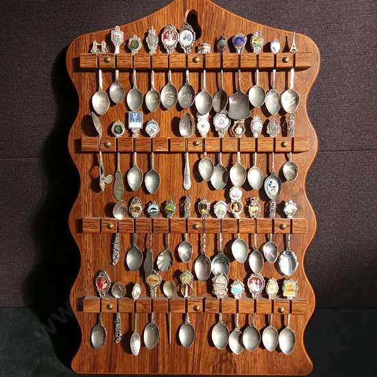 VINTAGE SOUVENIR SPOON COLLECTION WITH WOODEN DISPLAY