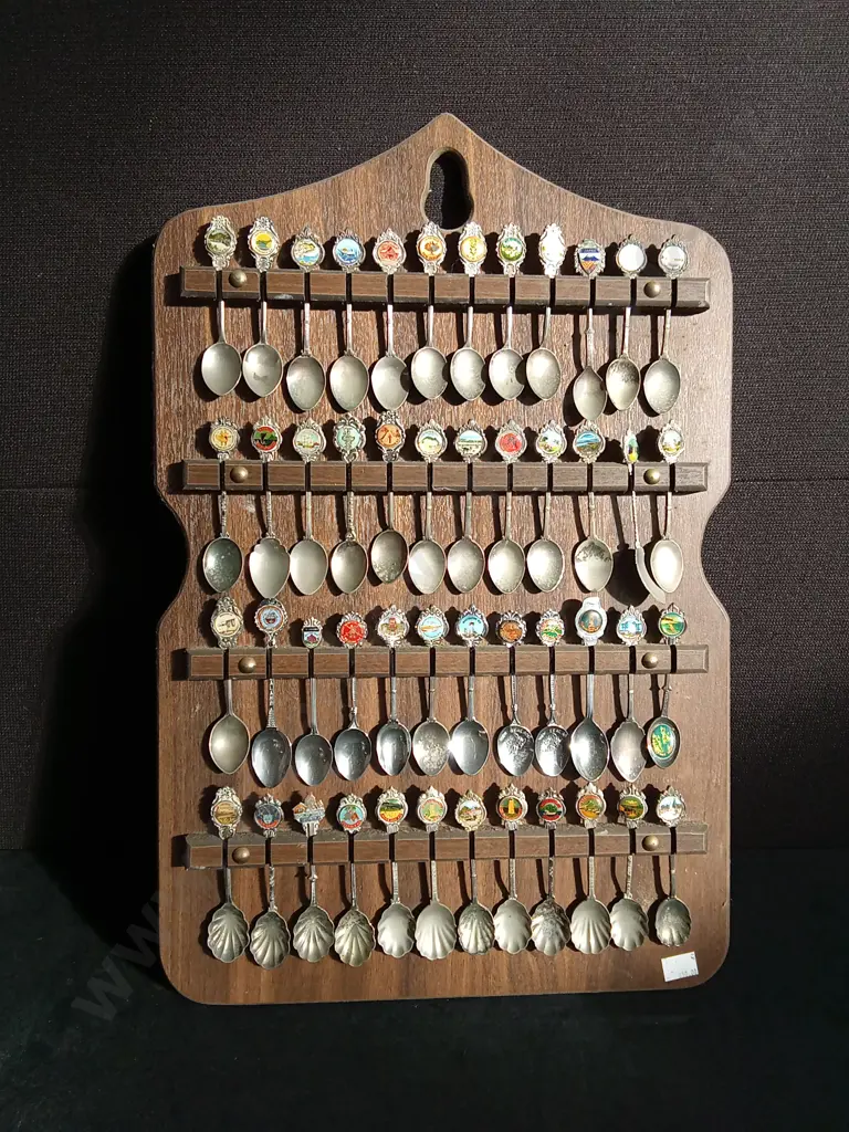 VINTAGE SOUVENIR SPOON COLLECTION WITH WOODEN DISPLAY Image 1++