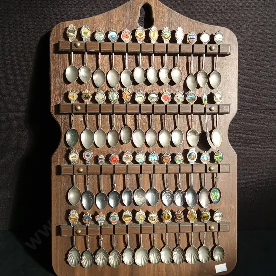 VINTAGE SOUVENIR SPOON COLLECTION WITH WOODEN DISPLAY