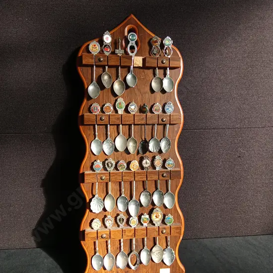 VINTAGE SOUVENIR SPOON COLLECTION WITH WOODEN DISPLAY, SLIGHTLY DAMAGED