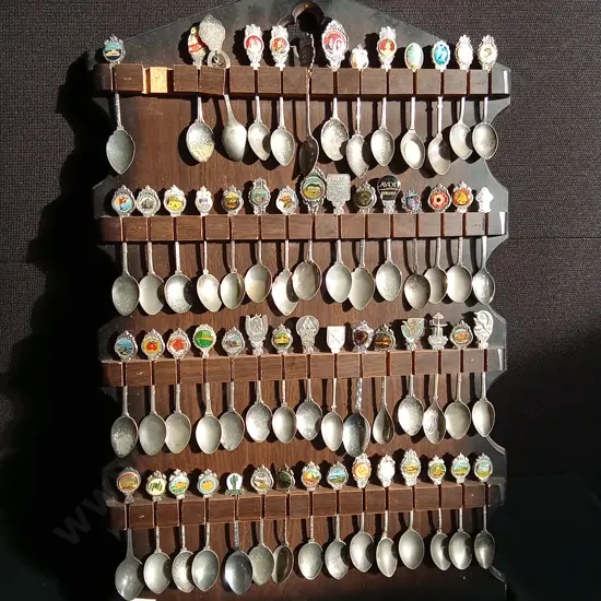 VINTAGE SOUVENIR SPOON COLLECTION WITH WOODEN DISPLAY, SLIGHTLY DAMAGED
