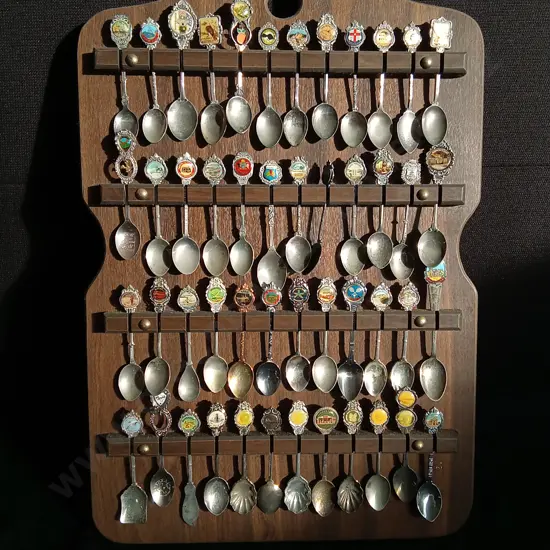 VINTAGE SOUVENIR SPOON COLLECTION WITH WOODEN DISPLAY