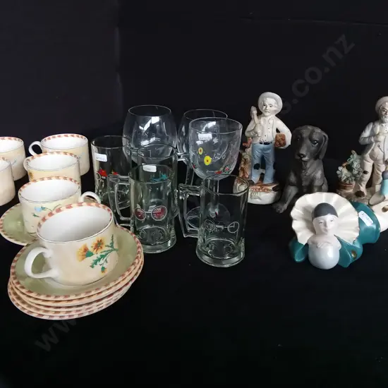 ASSORTED FIGURINES GLASSES AND A TEACUP AND SAUCER SET