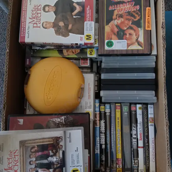 BOX OF DVDS AND DVD CASE