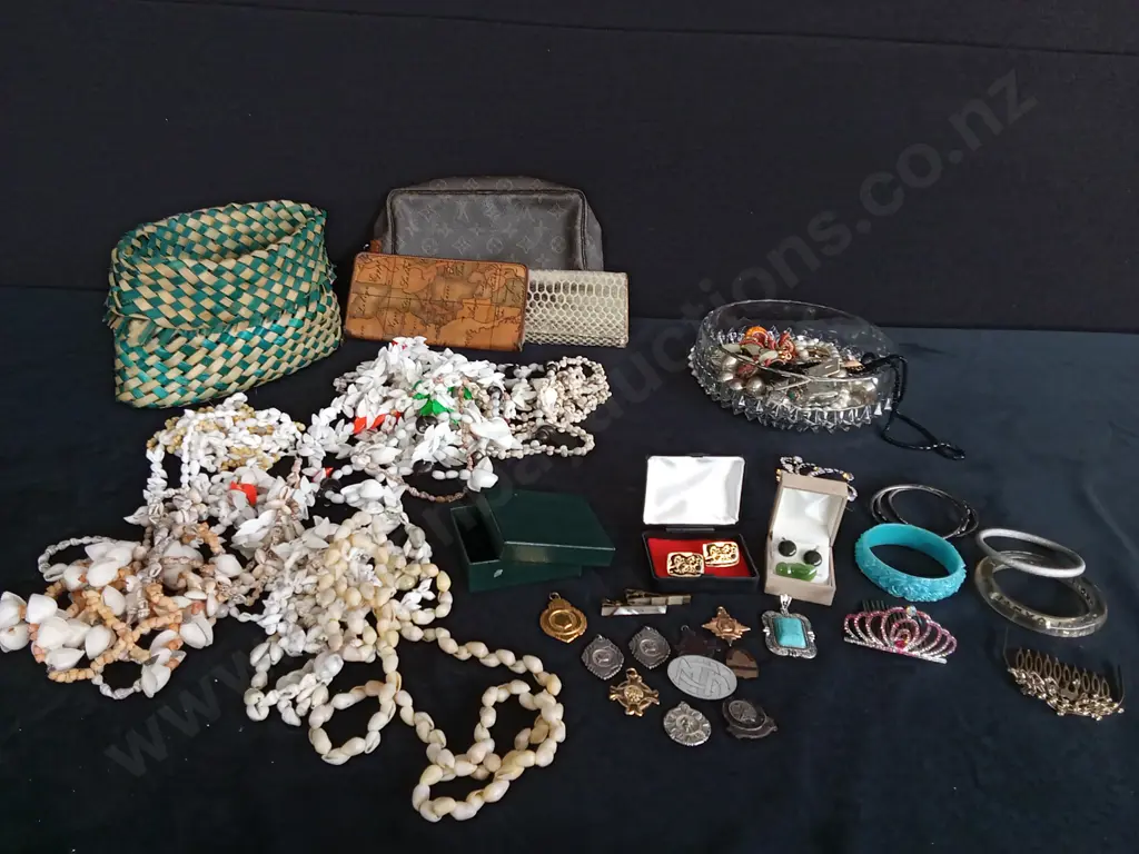 COLLECTION OF COSTUME AND SHELL JEWELLERY AND 3 PURSES Image 1++