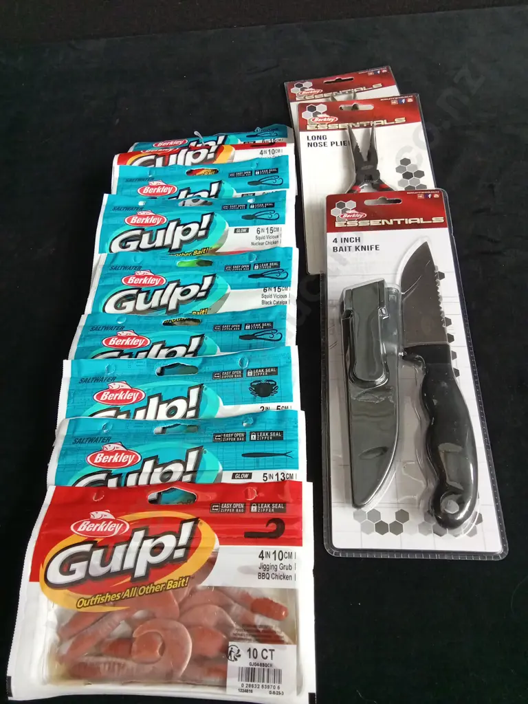 9 GULP BAIT PACKETS 2 PLIERS AND 1 4 INCH BAIT KNIFE Image 1++