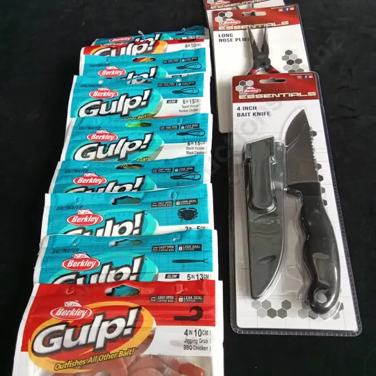 9 GULP BAIT PACKETS 2 PLIERS AND 1 4 INCH BAIT KNIFE