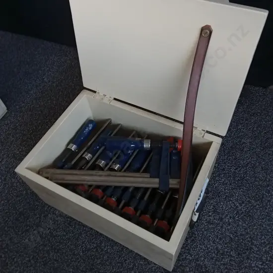 WOODEN BOX OF CLAMPS