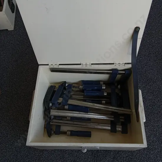 WOODEN BOX OF CLAMPS