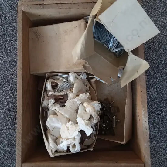 WOODEN CRATE OF ASSORTED HARDWARE
