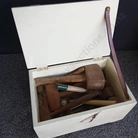 WOODEN BOX OF MALLETS