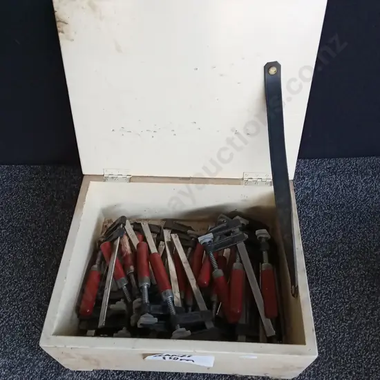 WOODEN BOX OF CLAMPS