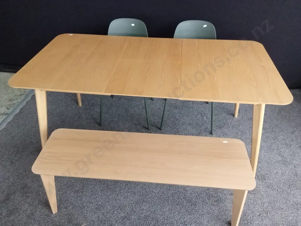 EXTENDIBLE TABLE WITH BENCH SEAT AND 2 GREEN DINING CHAIRS EXTENDED TABLE L1.625 H75CM BRAND NEW EX-SHOWHOME Image 1++