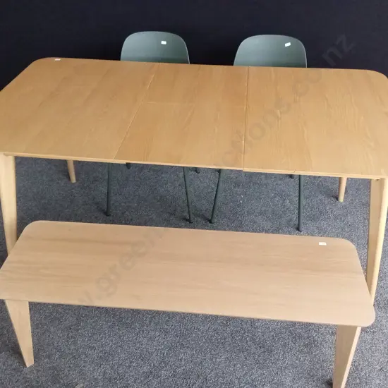 EXTENDIBLE TABLE WITH BENCH SEAT AND 2 GREEN DINING CHAIRS EXTENDED TABLE L1.625 H75CM BRAND NEW EX-SHOWHOME