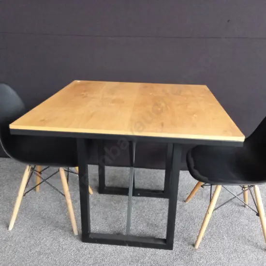 WOODEN TABLE AND 2 BLACK CHAIRS L90CM D1M H77CM