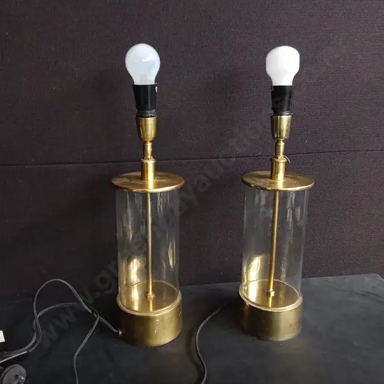 PAIR OF BRASS AND GLASS TABLE LAMPS, WORKING