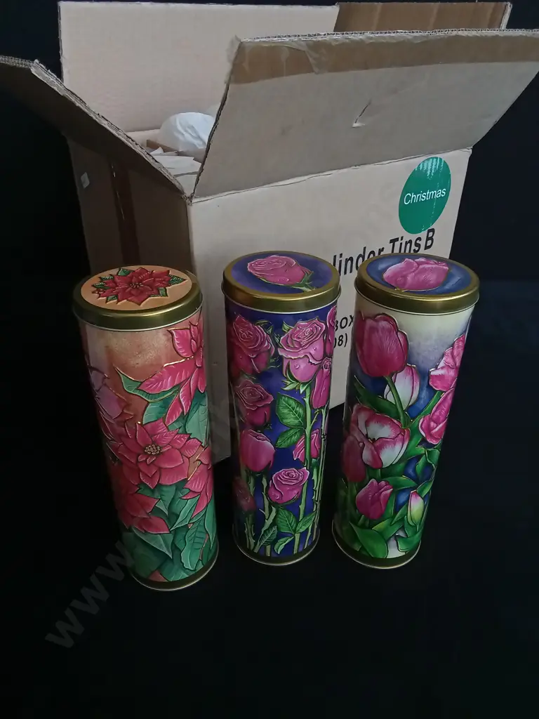 BOX OF TALL FLORAL BISCUIT TINS Image 1++
