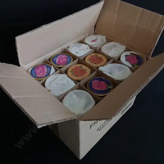 BOX OF TALL FLORAL BISCUIT TINS