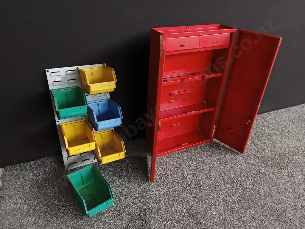 RED METAL ORGANISER AND PLASTIC STORAGE BIN SYSTEM Image 1++
