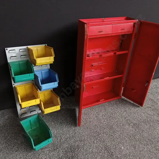 RED METAL ORGANISER AND PLASTIC STORAGE BIN SYSTEM